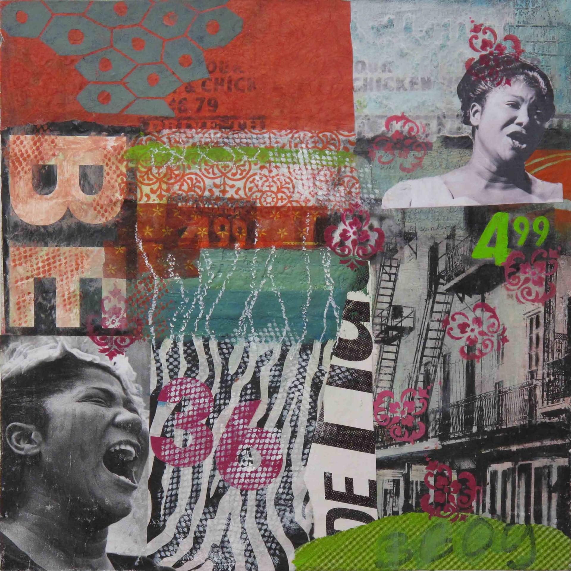 Auf Spurensuche in Alabama 18, 2013, Acryl und Collage auf Leinwand, 50 x 50 cm